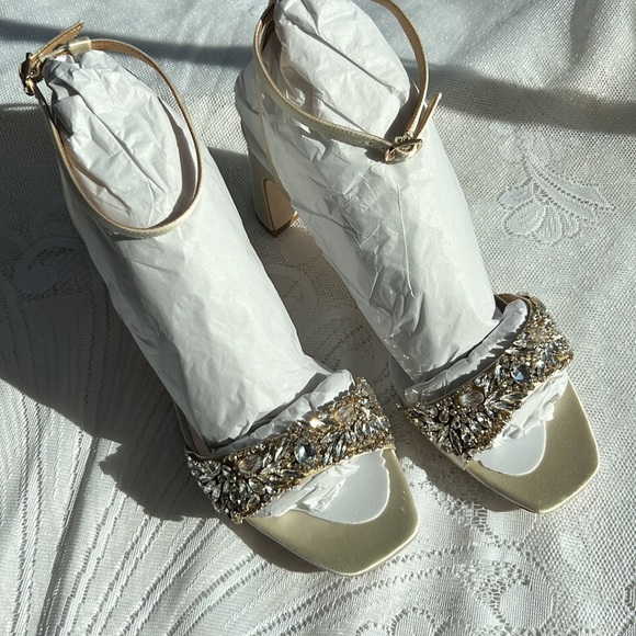 Badgley Mischka Marsha, Block Heel Rhinestone Sandals in Ivory Satin - Picture 7 of 14